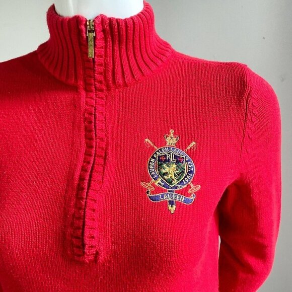Lauren Ralph Lauren Petite Red Cotton Mock  Neck Crest Detail Pullover S - Picture 3 of 8